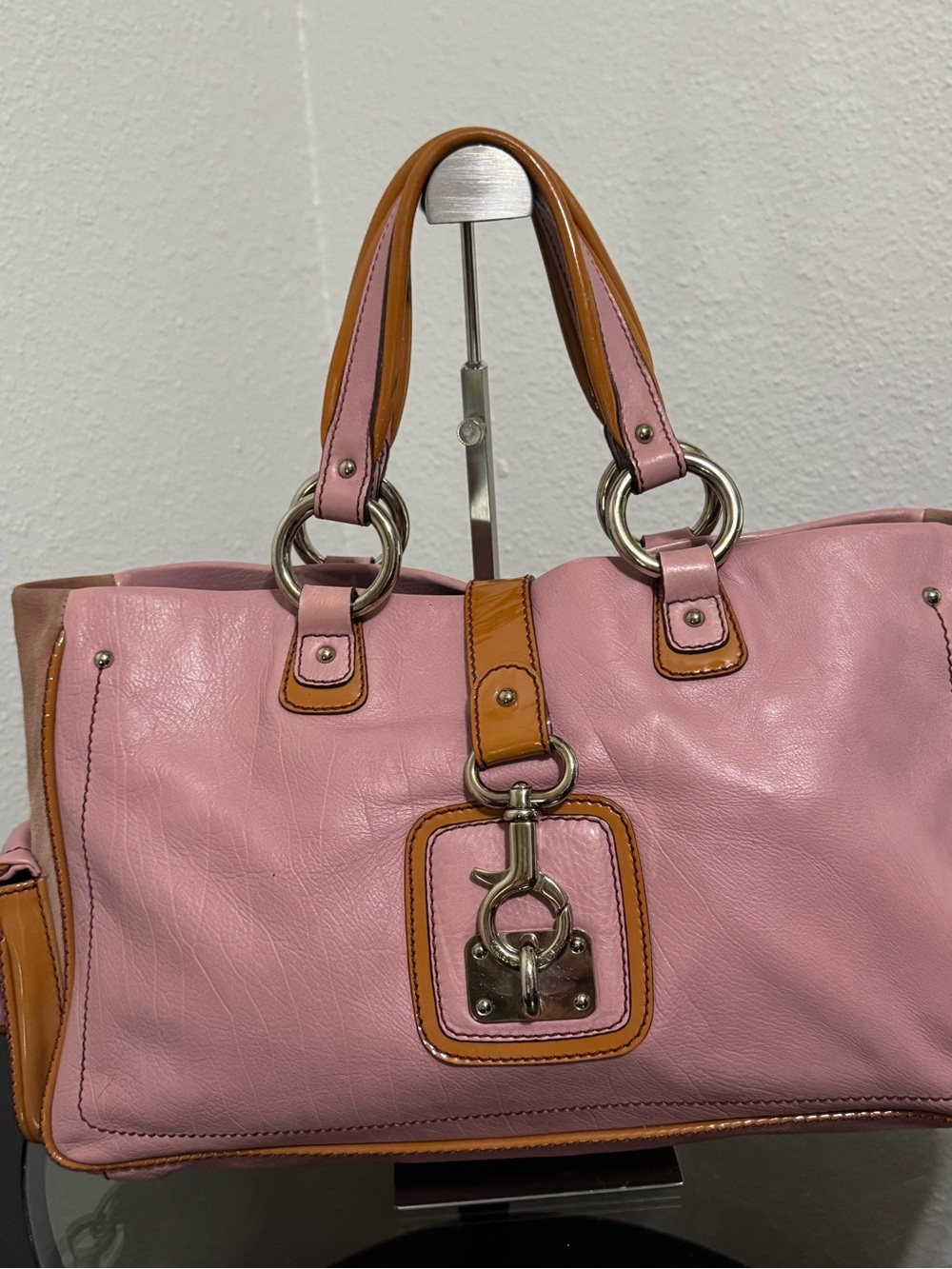Marc Jacobs Selma Pink Leather Satchel/Tote Bag with Tan Trim and Ring Hardware